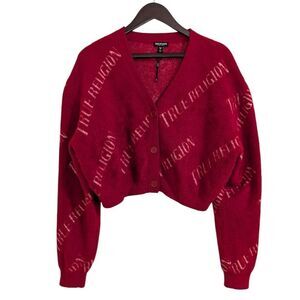 True Religion Fuzzy All Over Logo Cropped Cardigan Sweater - Red - Size Large